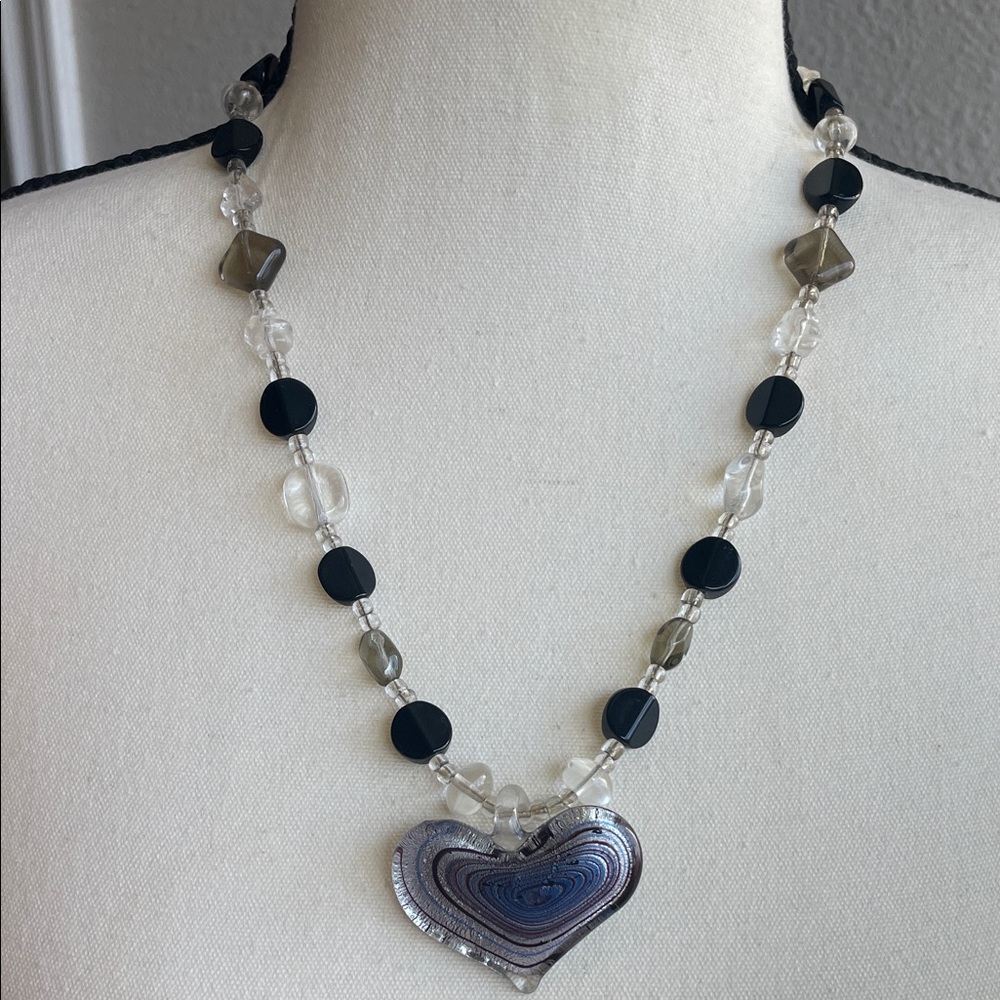 Stone Beaded Necklace With Art Glass Heart Pendant